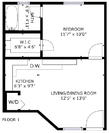 Floor plan for 1 bed, 1 bath, 411 sqft